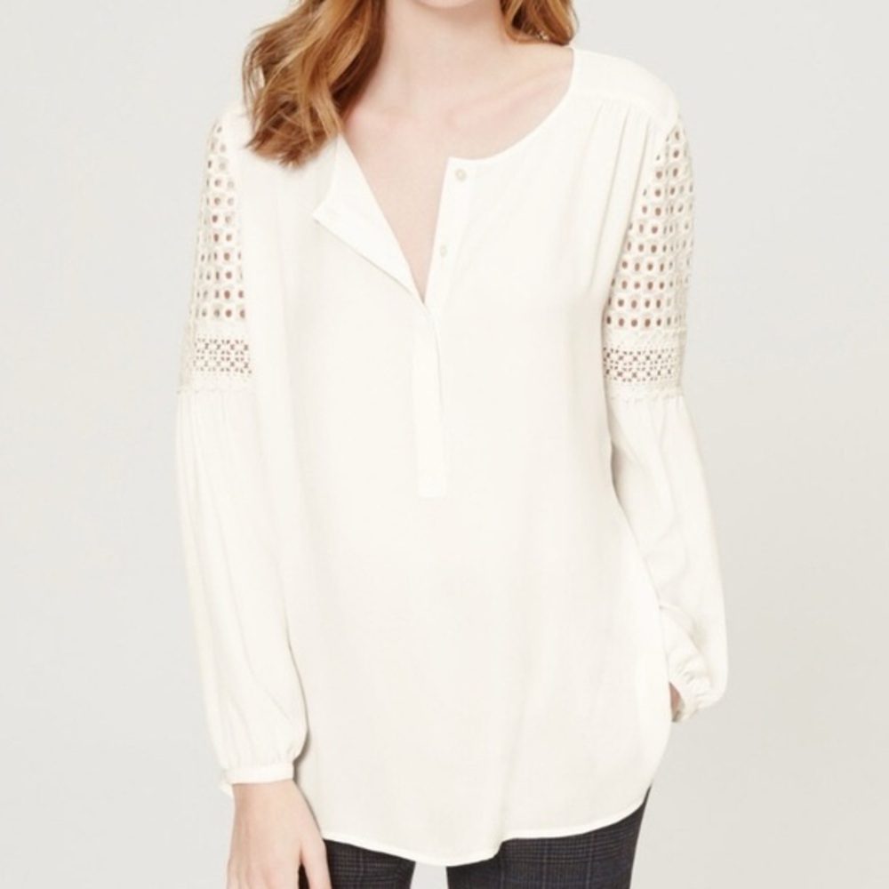 Ann Taylor LOFT Ivory Popover Blouse Eyelet Long Sleeves Size MP